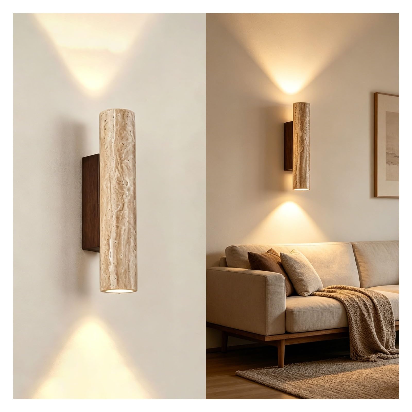 LUOYAOB Yellow Travertine Wall Sconce Hardwired Cylindrical Stone Wall Lamp Japanese Style Adjustable CCT Up and Down Lighting Fixture for Bedroom Living Room Hallway Home Indoor(Small)