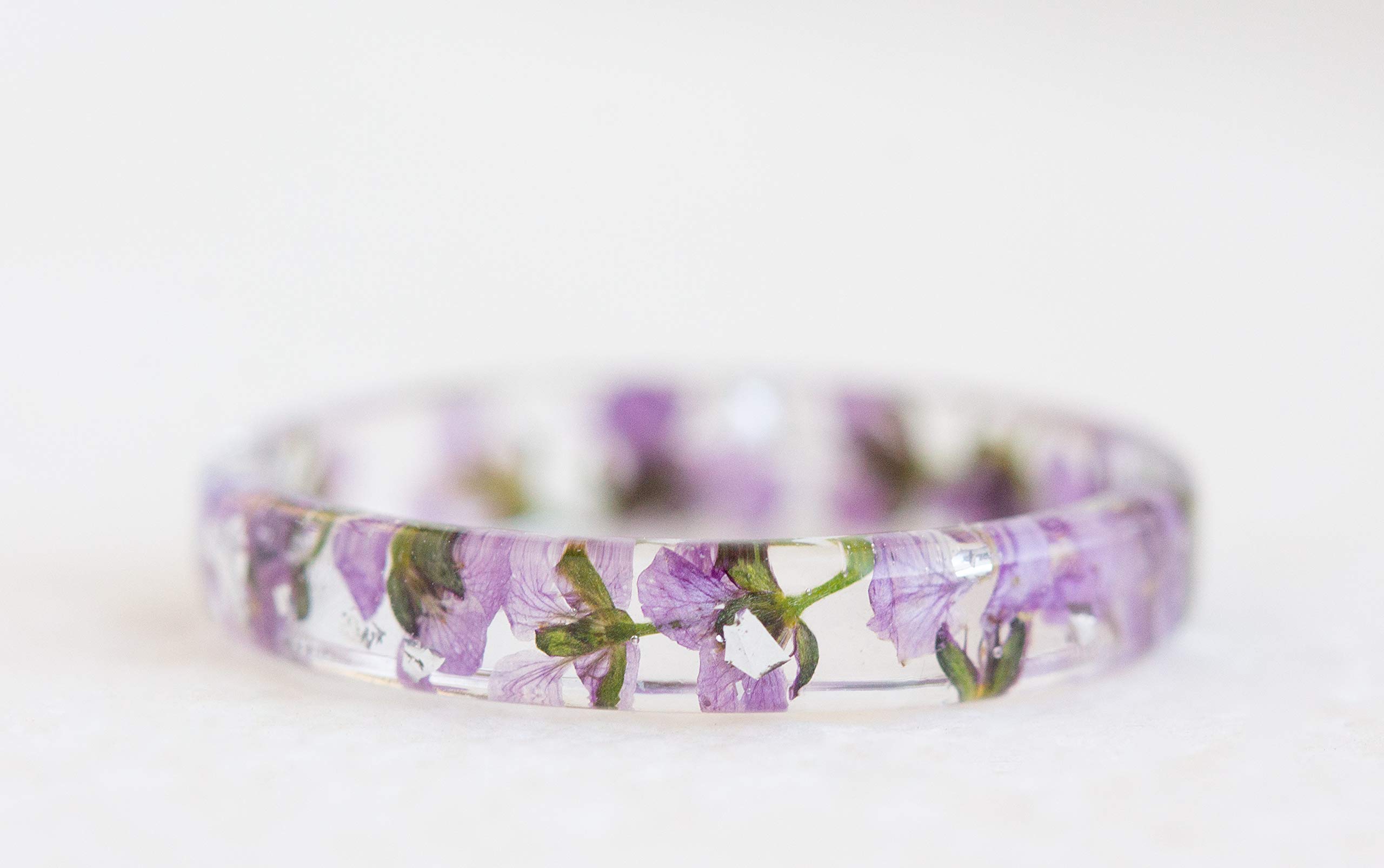 Thin Resin Ring with Purple Alyssum Flowers