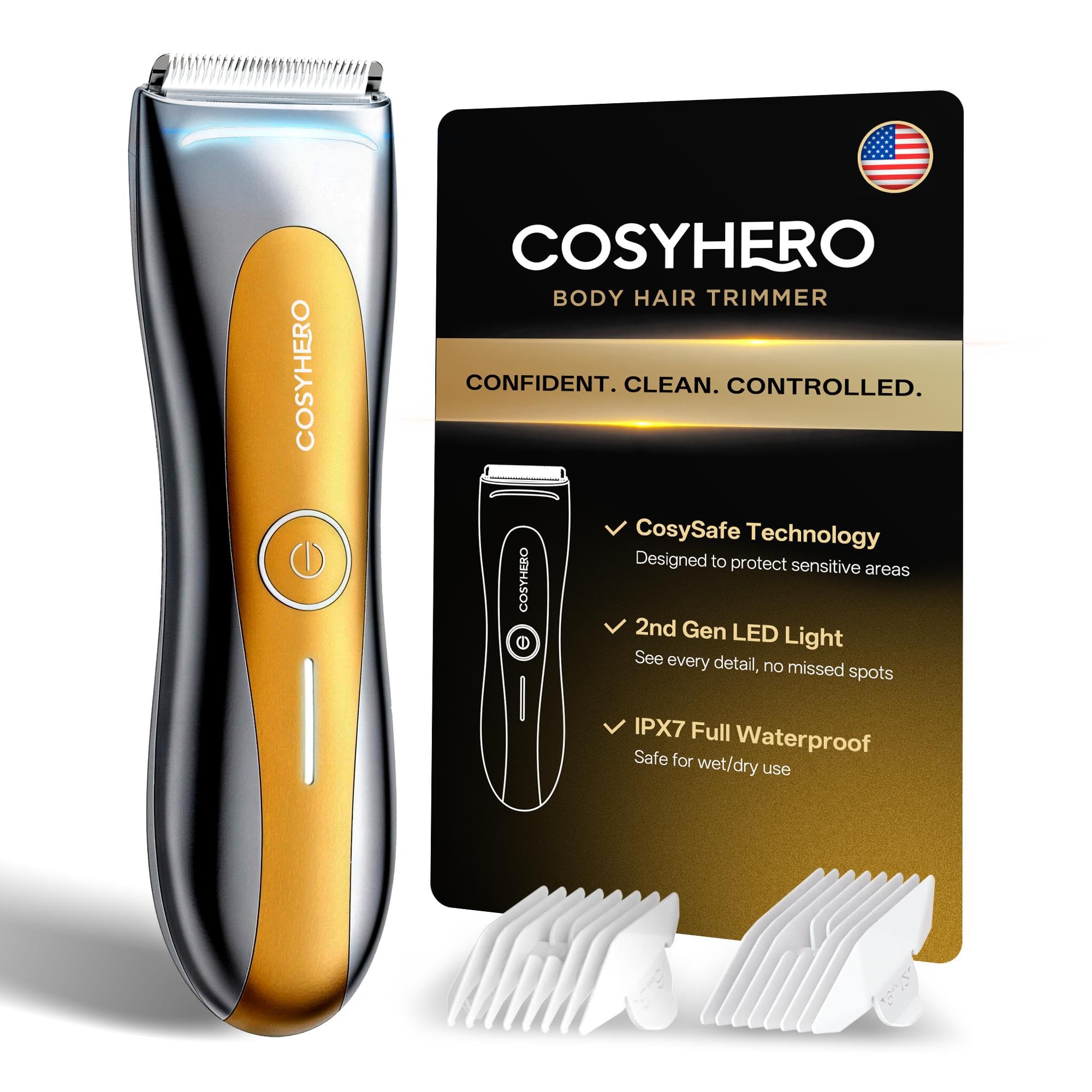 Photo 1 of COSYHERO Manscape Groin & Body Hair Trimmer for Men, Electric Ball Shaver & Pubic Grooming Kit, LED Light, IPX7 Waterproof Wet/Dry Groomer, Rechargeable Manscaper with Ceramic Blades (Gold)