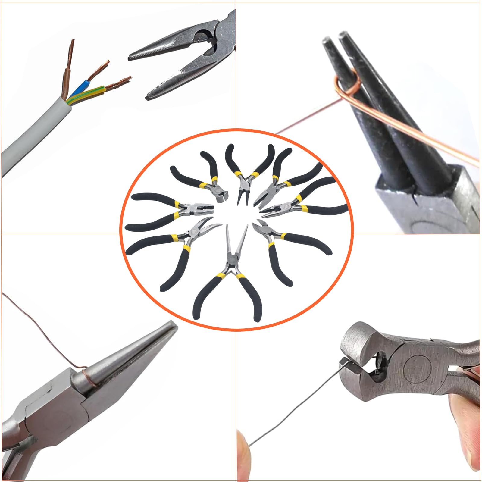 Lot de 8 pinces à bijoux comprenant une aiguille, une chaîne de nez, une pince ronde courbée, un coupe-fil pour le bricolage, le sertissage, la réparation de coupe (noir et jaune)