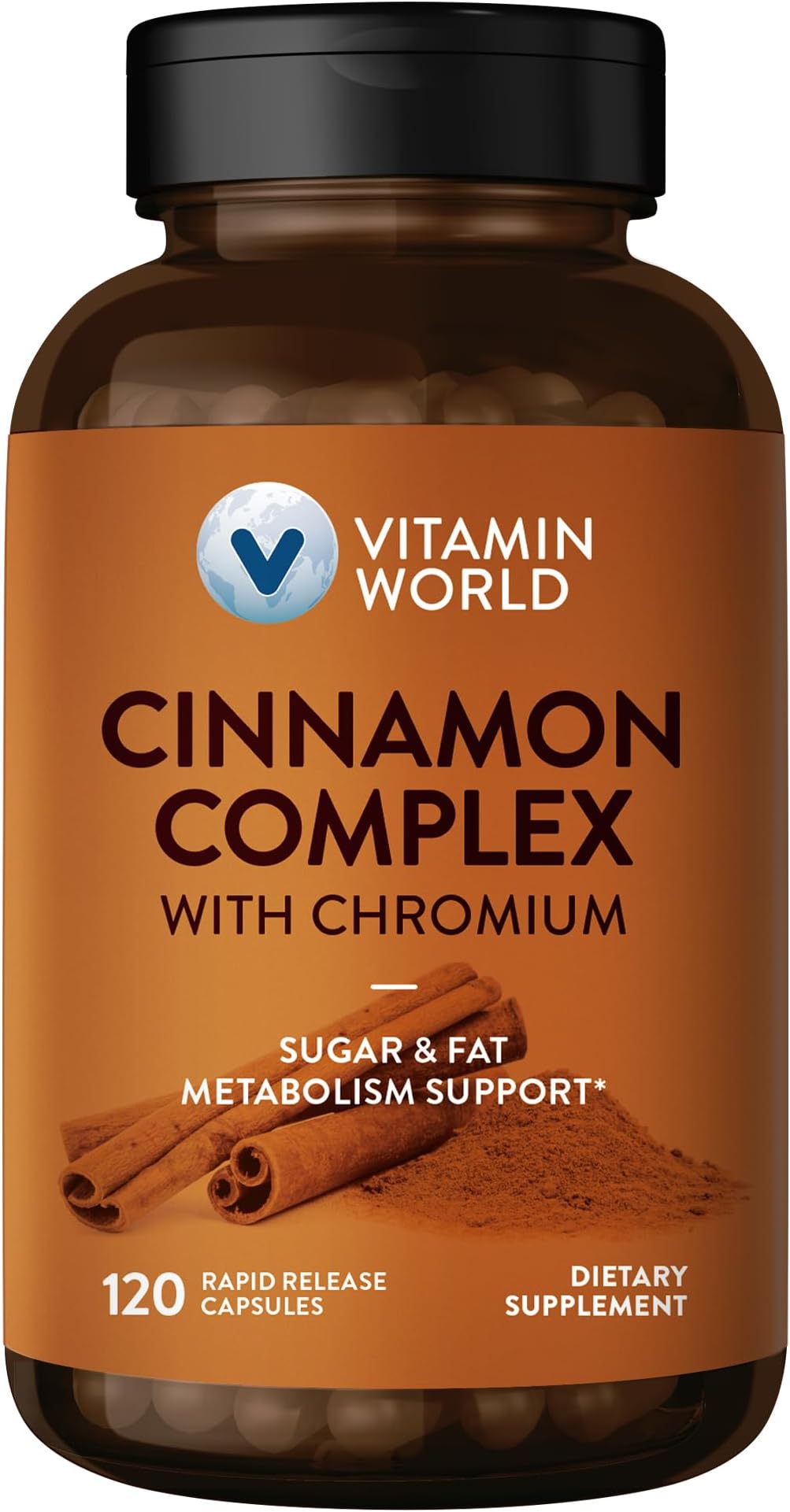 Vitamin World Cinnamon Complex with Chromium, Cinnamon Supplements with High-Potency Chromium for Healthy Metabolism & Antioxidant Protection, 120 Capsules, 2 Month Supply, Gluten Free