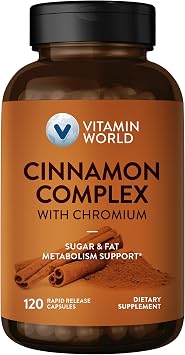 Vitamin World Cinnamon Complex with Chromium, Cinnamon Supplements with High-Potency Chromium for Healthy Metabolism & Antioxidant Protection, 120 Capsules, 2 Month Supply, Gluten Free