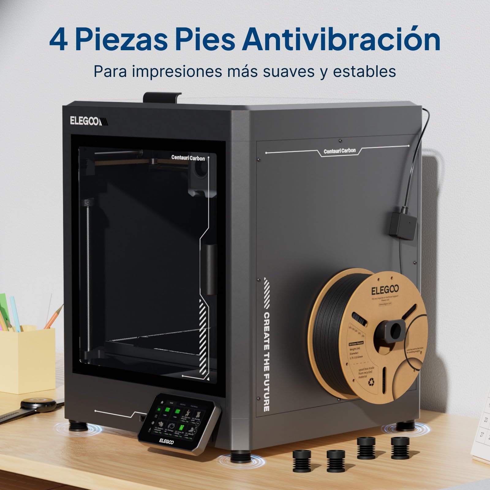 ELEGOO Kit de Accesorios Solo para Centauri Carbon, Incluye Filamento PLA x1, Placa de Construcción x3, Pegamento Líquido Pei x2, Boquilla de Acero Endurecido de 0,4 mm x1, Pies Antivibración x4