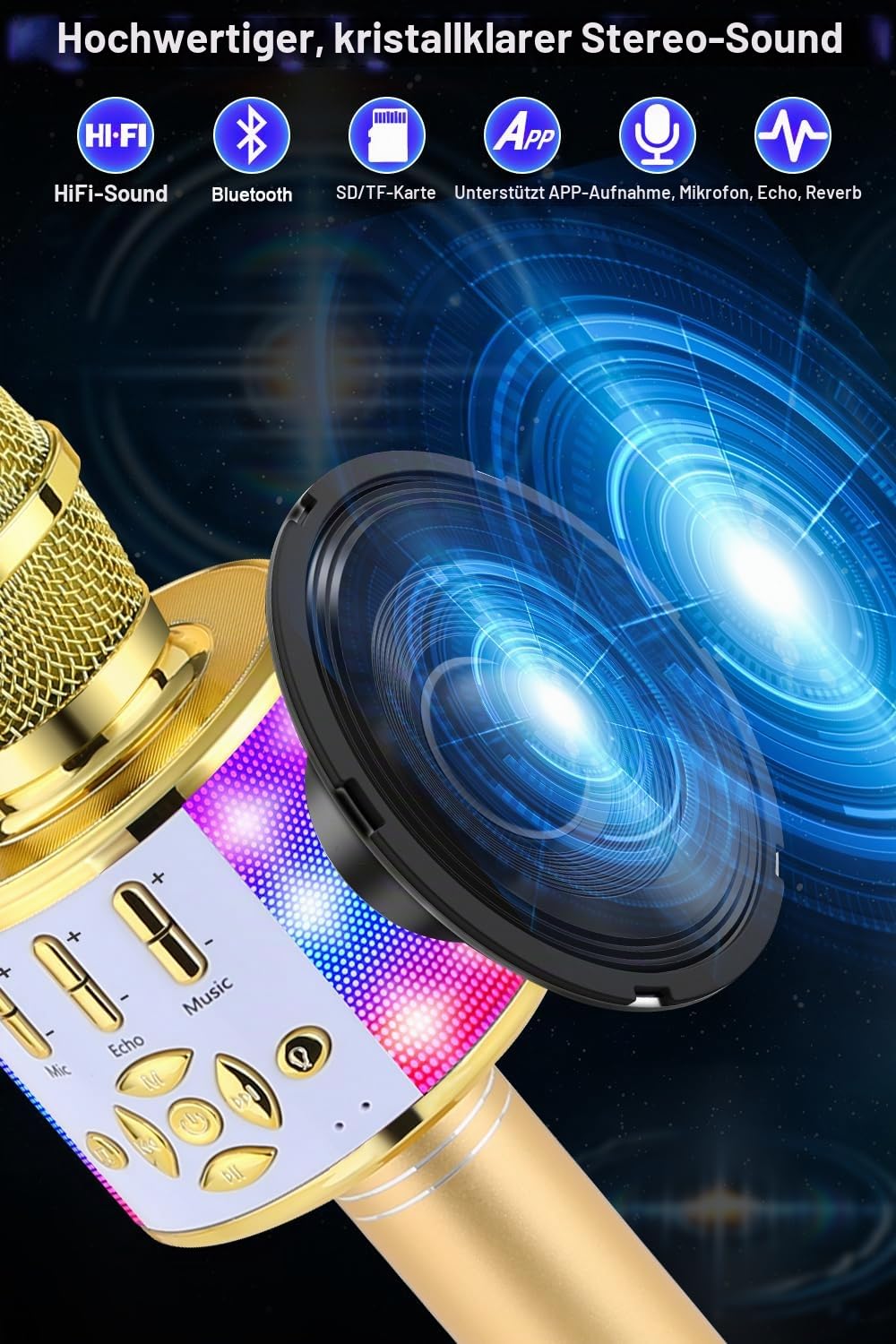 BONAOK Kabelloses Bluetooth-Mikrofon, Kindermikrofon mit LED-Lichtern, Mini-Karaoke-Maschine für Party/Zuhause/Geburtstag, kompatibel mit Bluetooth iOS Android (Gold)