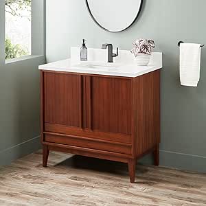 Signature Hardware 955207-36-RUMB-1 Sybill 36" Freestanding Mahogany Single Basin Vanity Set with Cabinet, Vanity Top, and Rectangular Porcelain Sink - Single Faucet Hole - Washed Walnut/Arctic