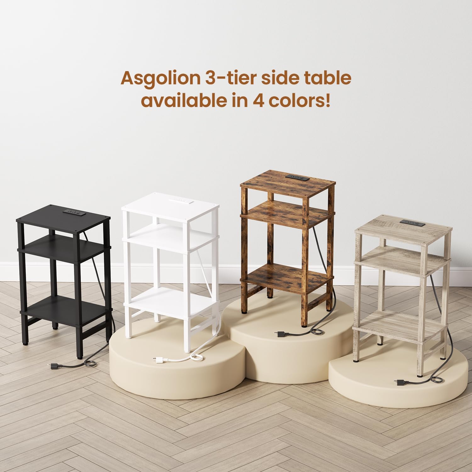 Asgolion 3 Tier End Table with Storage and Fast Charging Station, Tall Narrow Nightstand with Type C and USB Port, Small Side Table for Living Room, Bedroom, Office, Greige
