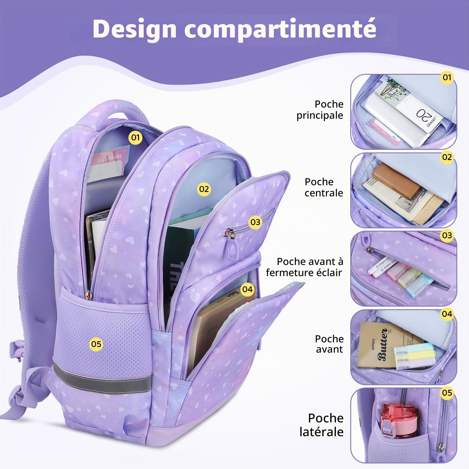 Sac a Dos Enfant Fille Garcon, 20L Cartable Primaire avec Poches, Bande réfléchissante & Boucle de poitrine pour Sports Voyage Cadeau Enfant - Dégradé Violet