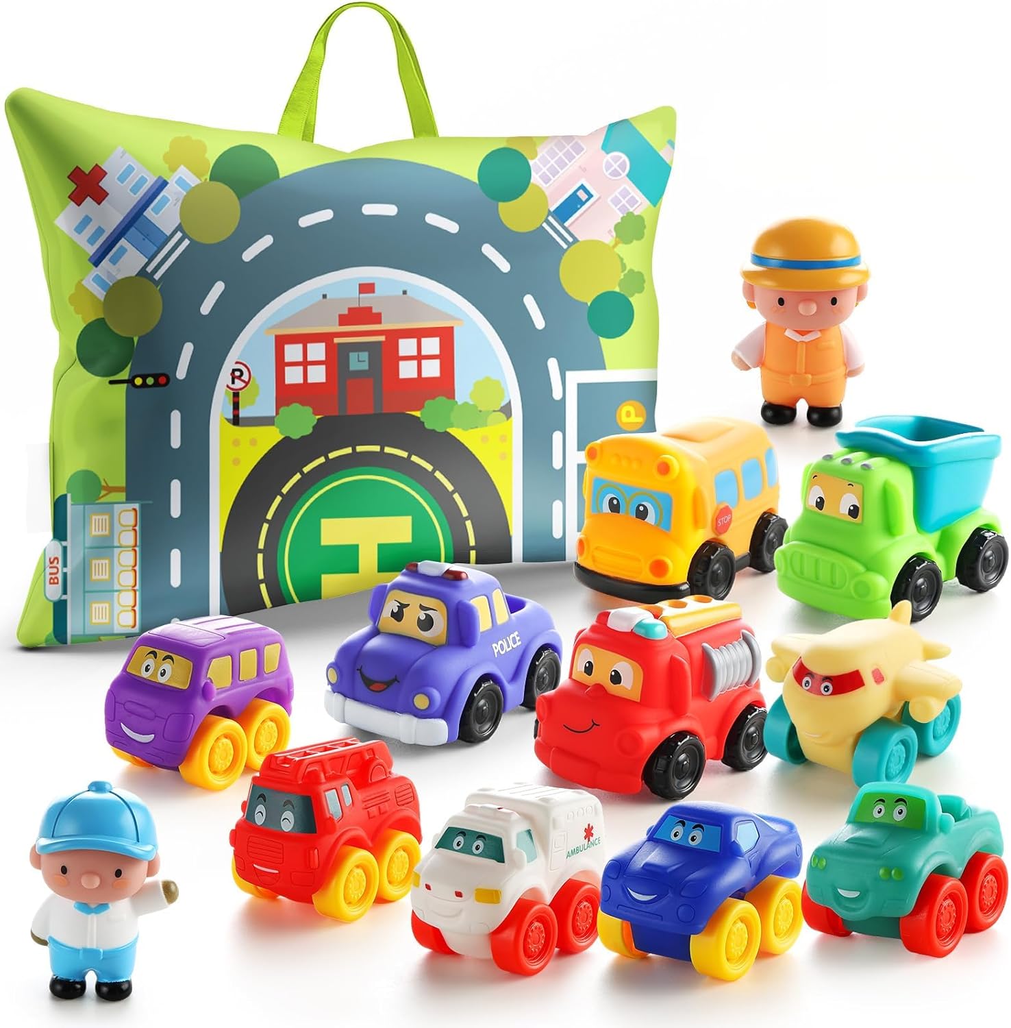 bessome Soft Rubber Toy Figure Car for 1 Year Old Boy with Playmat (Storage Bag)|12 PCS Cartoon Cars Baby Toys for 12-18 Months & Toddler Age 1-2|First Birthday|Gift for 1 2 3 Year Old Boy