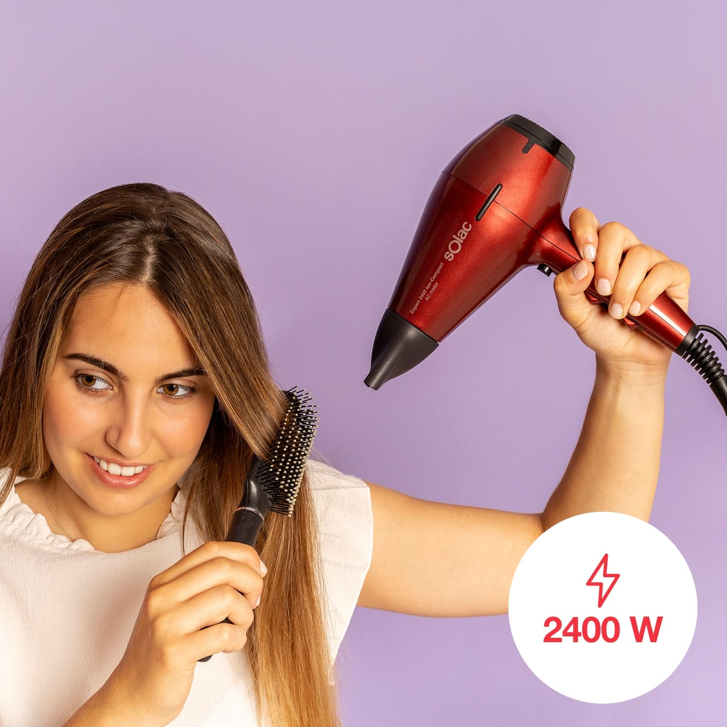 Solac - Sèche-cheveux professionnel 2400W Ion-Compact | 6 réglages température/vitesse | Technologie ionique | Air froid | Compact | Concentrateur + Diffuseur | Rouge