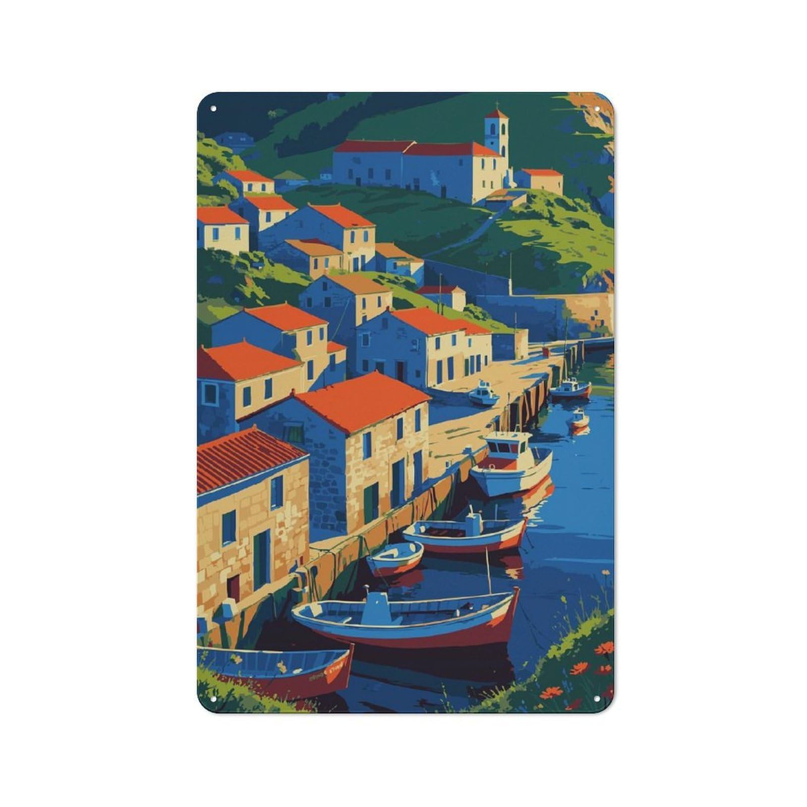 Junmoney Style-12 Tin Sign 30X20cm With Coastal Village With Boats And Red Roofs For Garage Wall, Vintage Decor, A Housewarming Gift For Fans Of Vintage Interiors