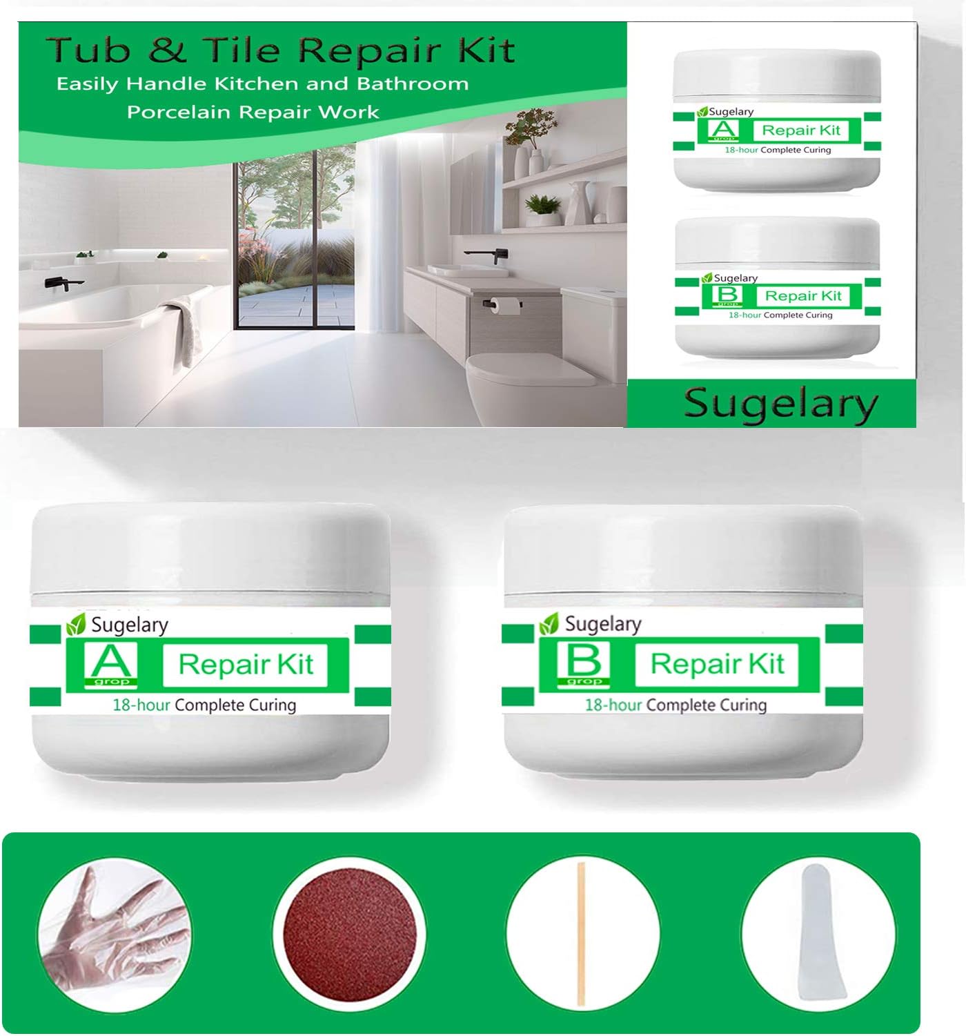 Porcelain Repair Kit, Fiberglass Tub Repair Kit for Shower White Tubs, Tile Ceramic Toilet Stone Chips Scraps Drill Holes Repair, Tub and Tile Refinishing Kit Joint or Installation Adhesive (White)