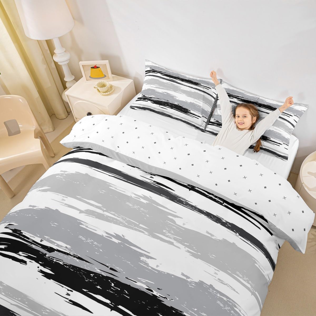 Erosebridal Abstract Black White Duvet Cover King Size Modern Grey Striped Bedding Set for Adults Men Women Geometric Aesthetic Oil Painting Comforter Cover Minimalist Simple Watercolor Bedclothes