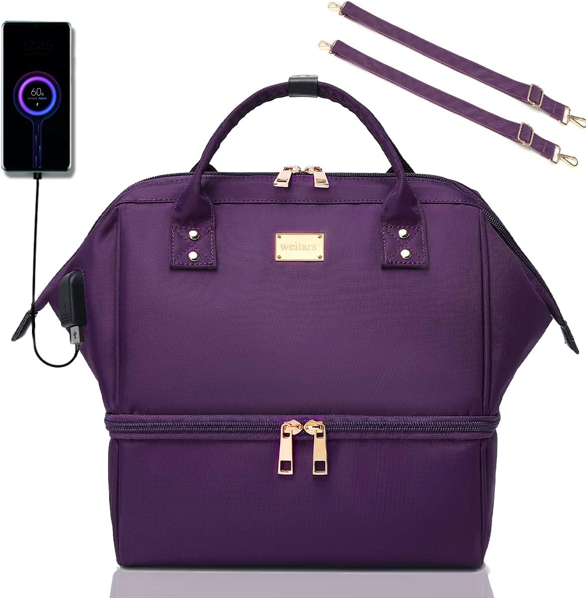 Weiters Lunch Bag For Women,Dual Compartment Lunch Box, Large Wide-Open Lunch Tote Cooler Bag With Removable Shoulder Strap With Multi Pockets, Lunch Backpack For Work/Picnic/Travel/Beach
