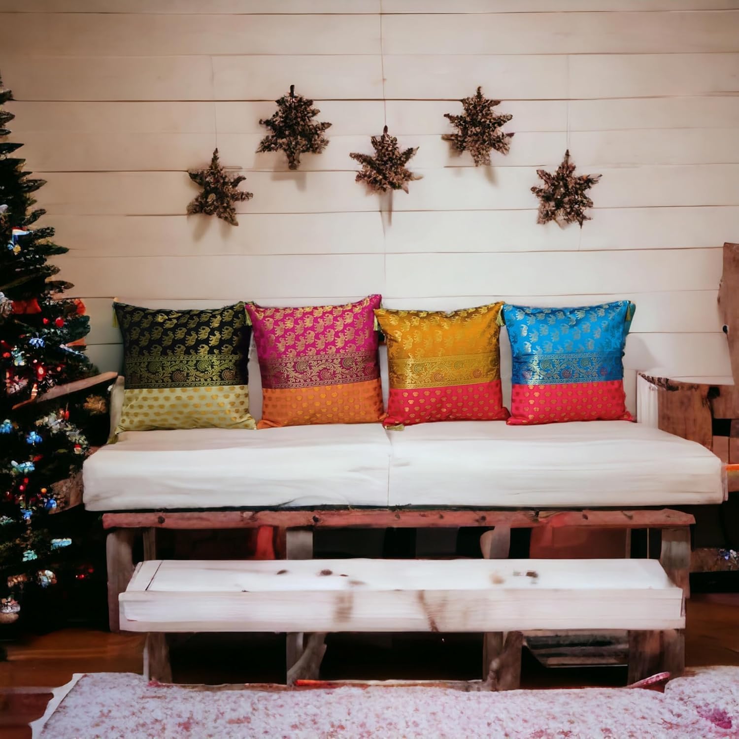 YILLE Banarasi Silk Decorative Throw Pillow Covers - 18x18 (Set of 5) - Ethnic Elephant with Floral Design Cushion Case, Bohemian Sofa Pillow Sham for Living Room, Home Décor