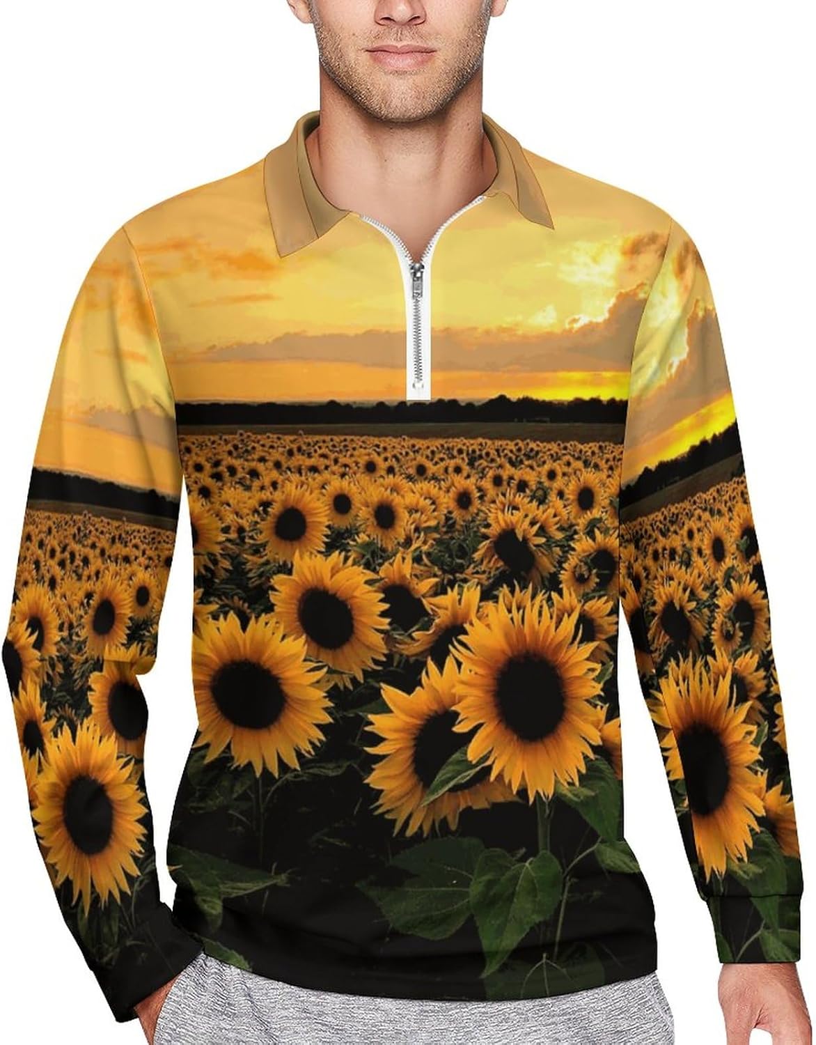 Sunflower Sunset Mens Polo Shirts Long Sleeve Slim Fit Zippered Shirts Casual Golf Shirts Tee Top L