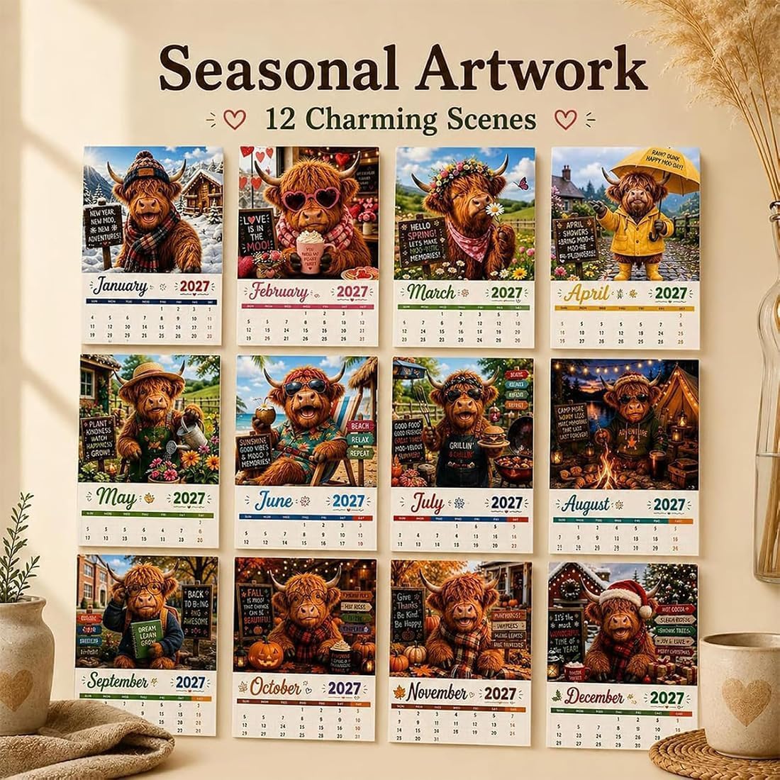 2027 Lustiger Highland Cow Wandkalender, Cartoon Highland Cow 2027 Wandkalender mit 12 Monatsdesigns | A4-Hängekalender, humorvolle Bauernhofkuh-Illustrationen, für Zuhause, Büro
