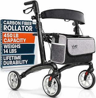 Vive Lightweight Bariatric Rollator with Seat – Carbon Fiber Walker for Seniors (Supports 450 lbs) – Folding Mobility Aid with Brakes, Armrest & Storage Bag – Height Adjustable, Compact, Durable