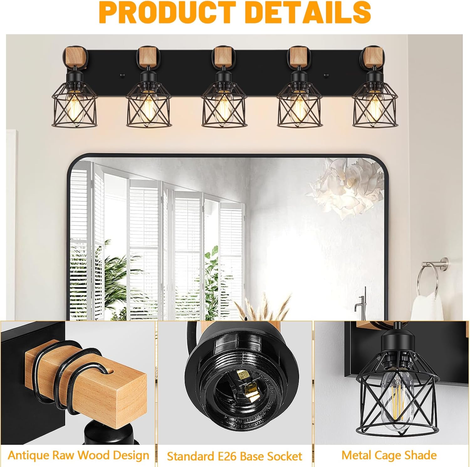 FadimiKoo 5-Light Wooden Black Bathroom Light Fixtures, Rustic Style Vanity Wall Sconces Lighting with Metal Cage, Farmhouse Bathroom Lights Wall Mount for Bedroom, Living Room, Entrance