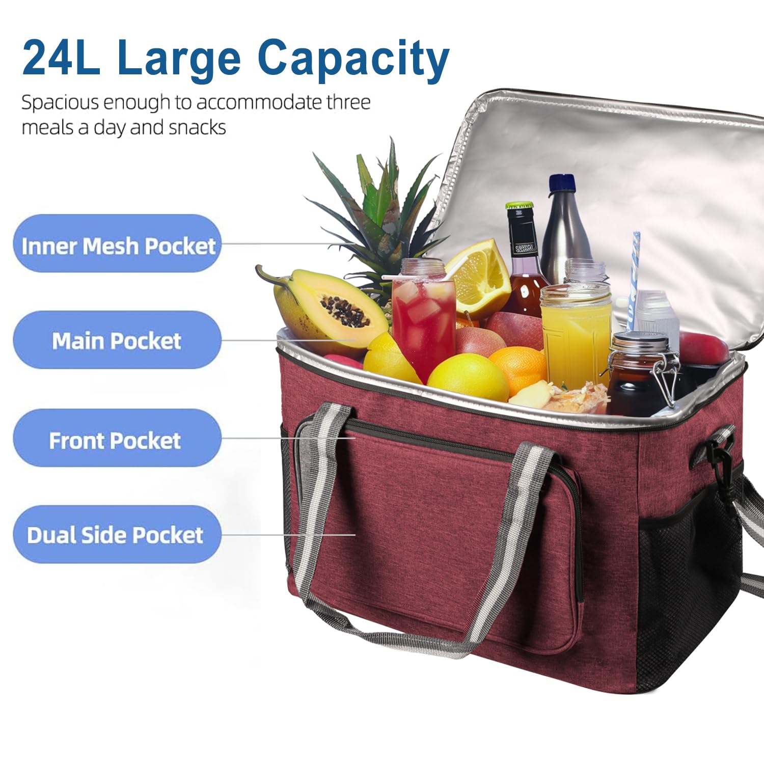 iknoe Bolsa térmica grande plegable para 24 latas, bolsa térmica a prueba de fugas con múltiples bolsillos para adultos, lonchera aislada para playa, picnic, trabajo