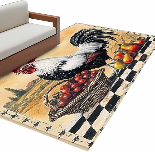 Miniatura 2 de 2.7x5 Area Rugs, Rooster Non-Skid Rubber Backing Large Rectangle Rugs - Living Room Bedroom Home Office, Retro Farmhouse Animals Watercolor Indoor