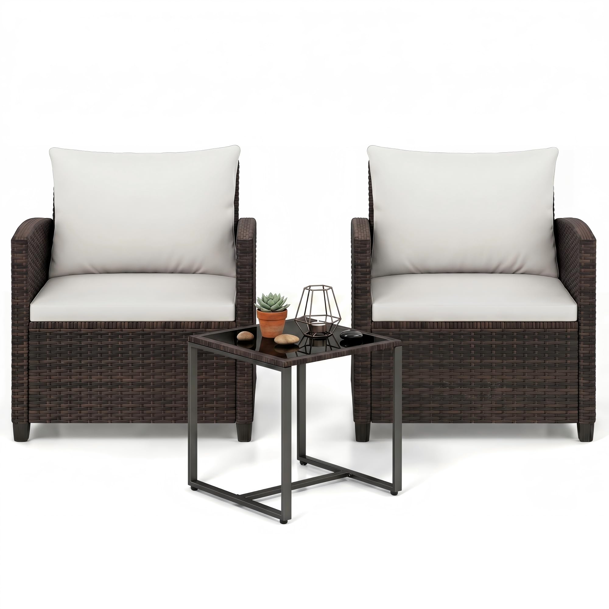 GIANTEX Ensemble de Salon de Jardin Extérieur 3 Pièces, 2 Fauteuils avec Coussins et 1 Table Basse en Verre, pour 2 Personnes, Mobilier de Jardin pour Balcon, Terrasse, Cour (Marron+Beige)