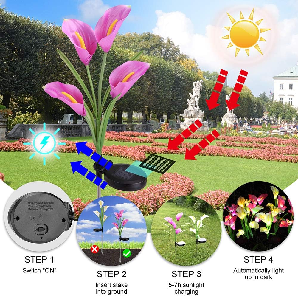 Aloudy Solar Garden Stake Lights: 3 Pack Outdoor Waterproof Calla Lily Flowers, 7 Color Changing LEDs for Garden, Patio, Backyard (Purple & White)