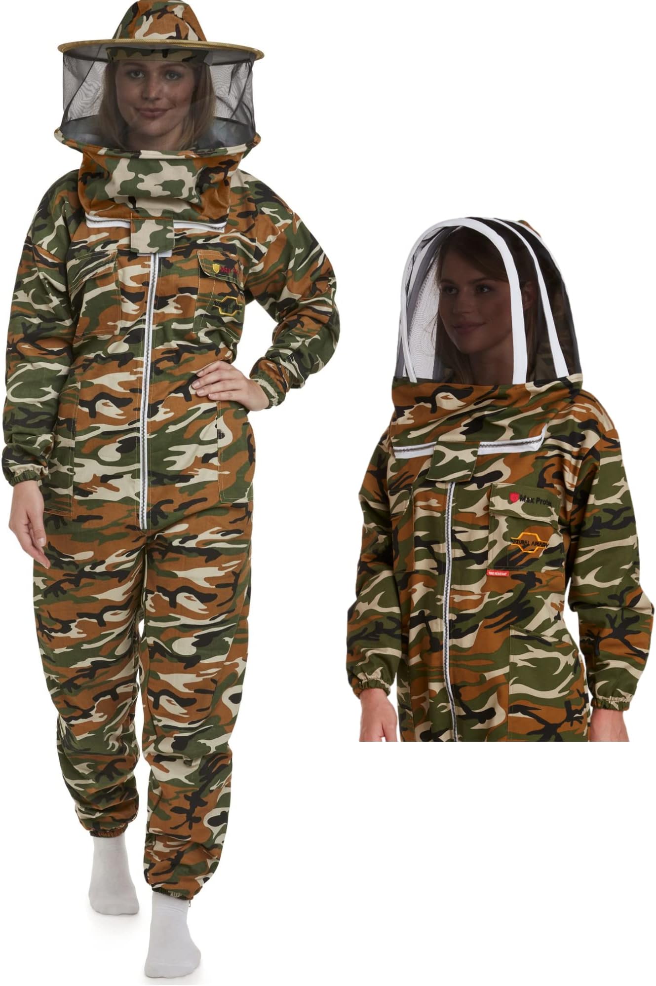 Natural Apiary - MAX PROTECT - BEEKEEPING SUIT - SMALL - CAMOUFLAGE - (One Piece) - Clear View Fencing Veil - Maximum Protection - Professional & Beginner Beekeepers