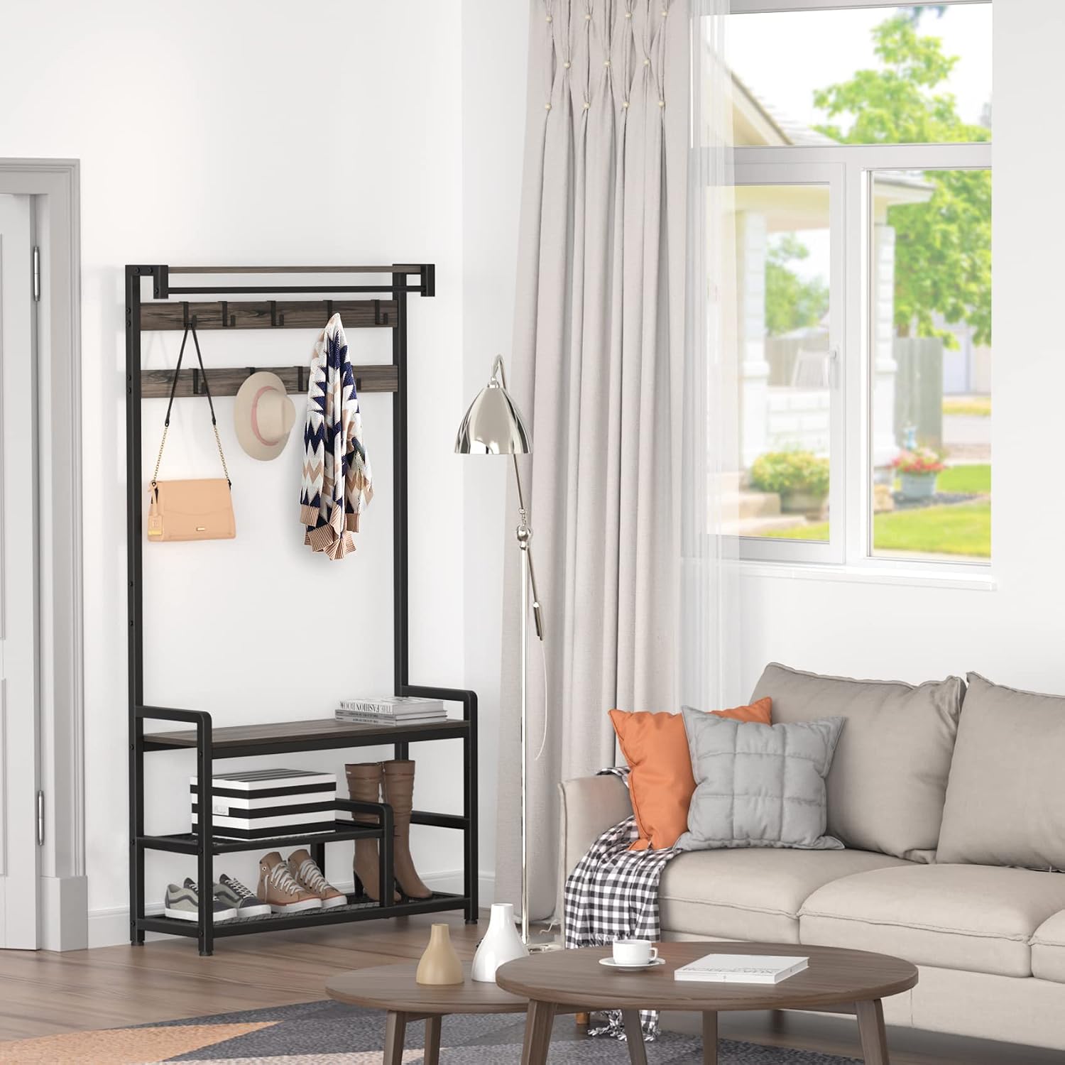 Mr IRONSTONE Coat Rack, Hall Tree with Shoe Bench 4-in-1 Entryway Shoe Rack with Detachable Shelf, Mudroom Garage Storage Organizer, 3.1" L x 11.8" W x 71.5" H (Grey)