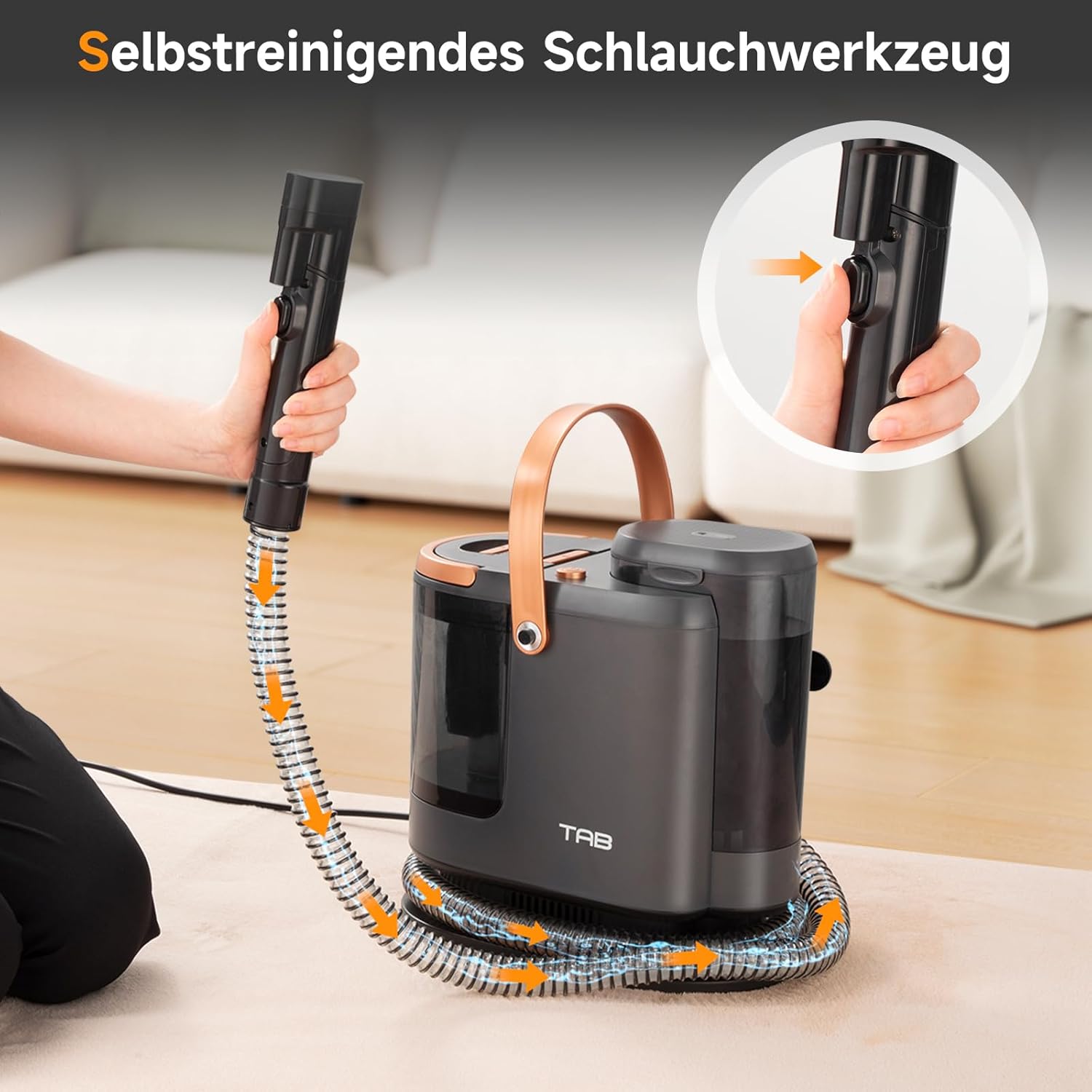 Person using the self-cleaning hose tool on the TAB R3 cleaner