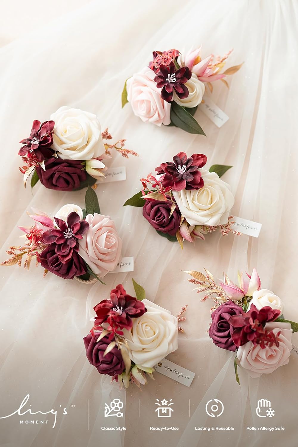 Ling's moment 6pcs Wedding Wrist Corsage Artificial Flowers, Girl/Mother Homecoming Prom Corsages Wristlet Décor, etc. Burgundy Marsala Blush