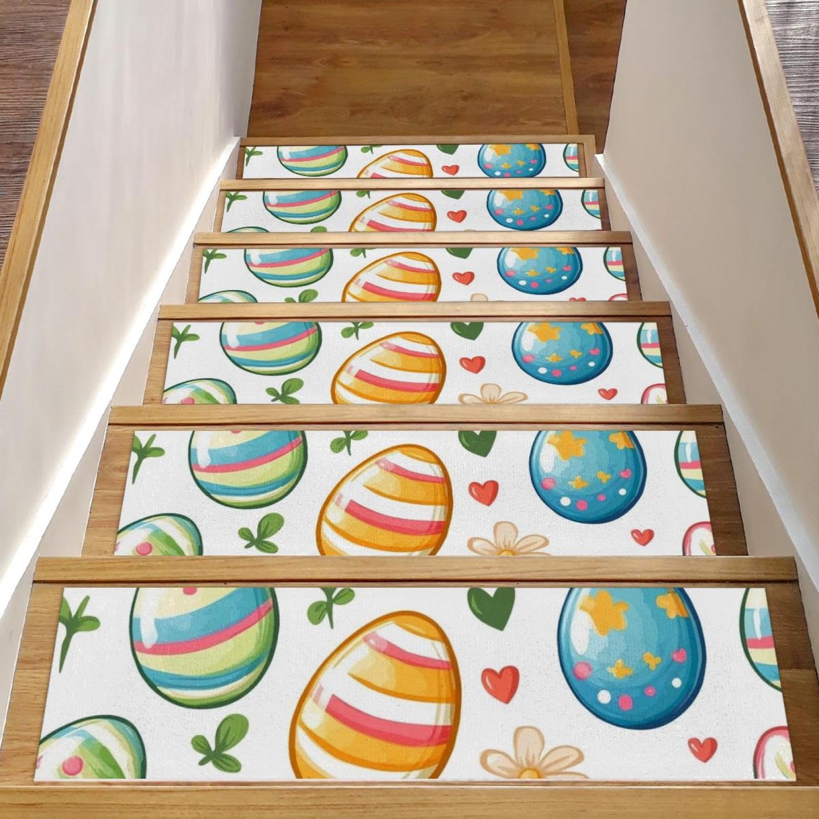 Tapis d'escalier œufs de Pâques (lot de 15) pour marches en bois 20x76 cm