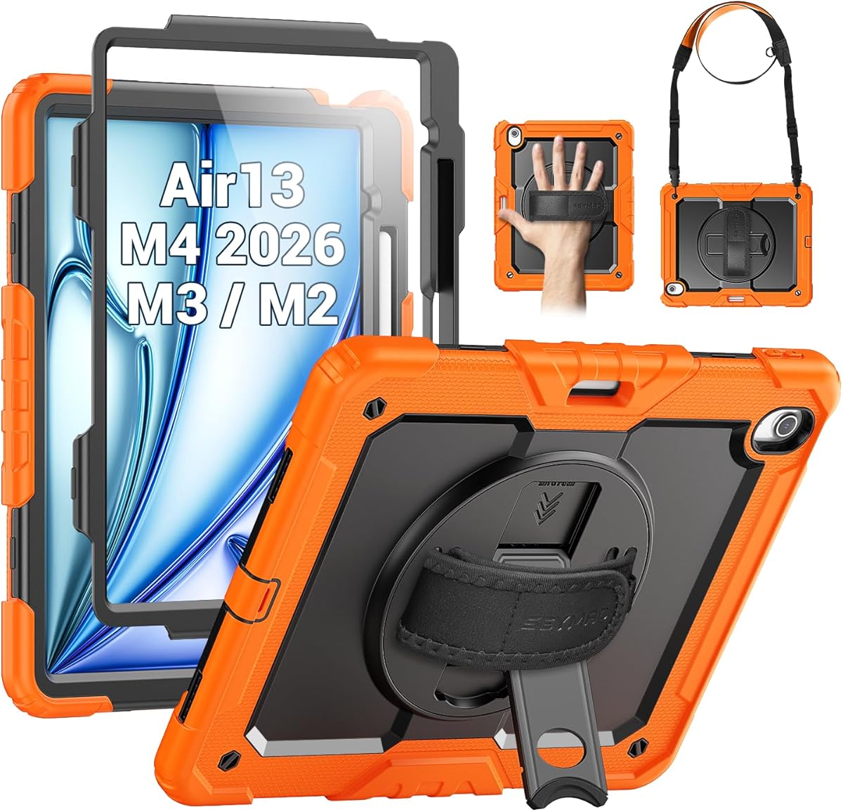 SEYMAC for iPad Air 13 Inch Case M4 / M3 / M2 (2026/2025 / 2024), Heavy Duty Shockproof Protective Case with Screen Protector, 360° Rotating Stand, Hand/Shoulder Strap and Pen Holder, Orange