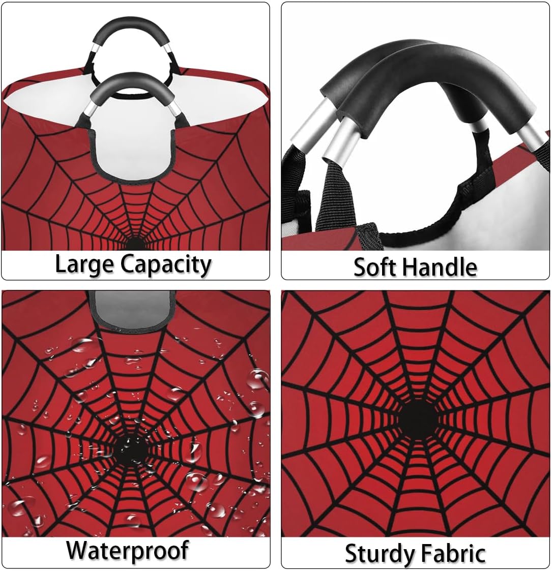 Large Round Laundry Hamper,Spiders Web Red Laundry Basket,Portable Dirty Clothes Toys Organizer Storage Basket Gifts for Nursery Boys Girls Bedroom Bathroom Home Storage