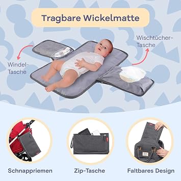 RUVALINO Baby Wickelrucksack Wickeltasche Rucksack mit tragbarer Wickelauflage Schnullerhalter und Kinderwagengurten Babytasche Multifunktional für Mama und Papa Dunkelgrau