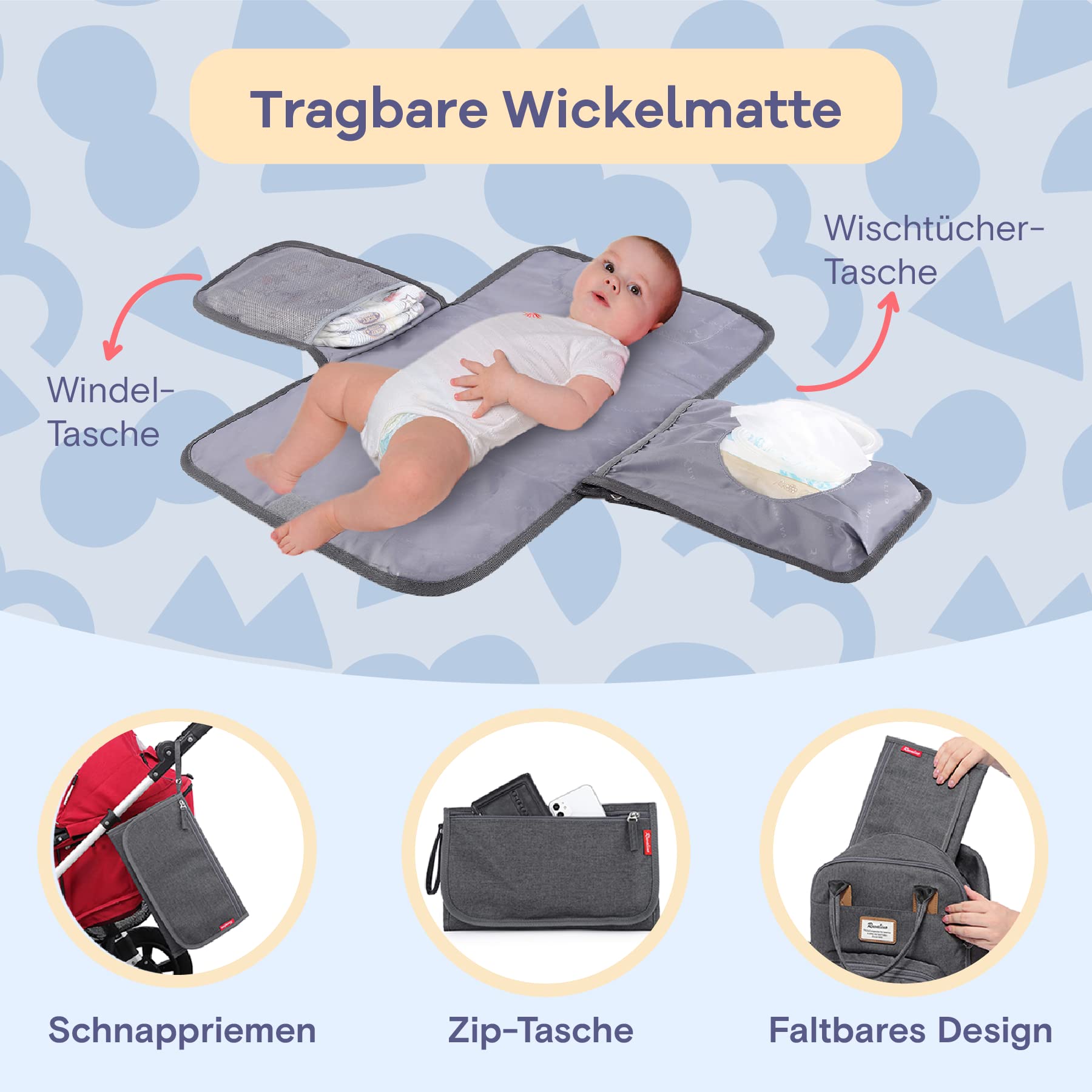 RUVALINO Baby Wickelrucksack Wickeltasche Rucksack mit tragbarer Wickelauflage, Schnullerhalter und Kinderwagengurten, Babytasche Multifunktional für Mama und Papa, Dunkelgrau