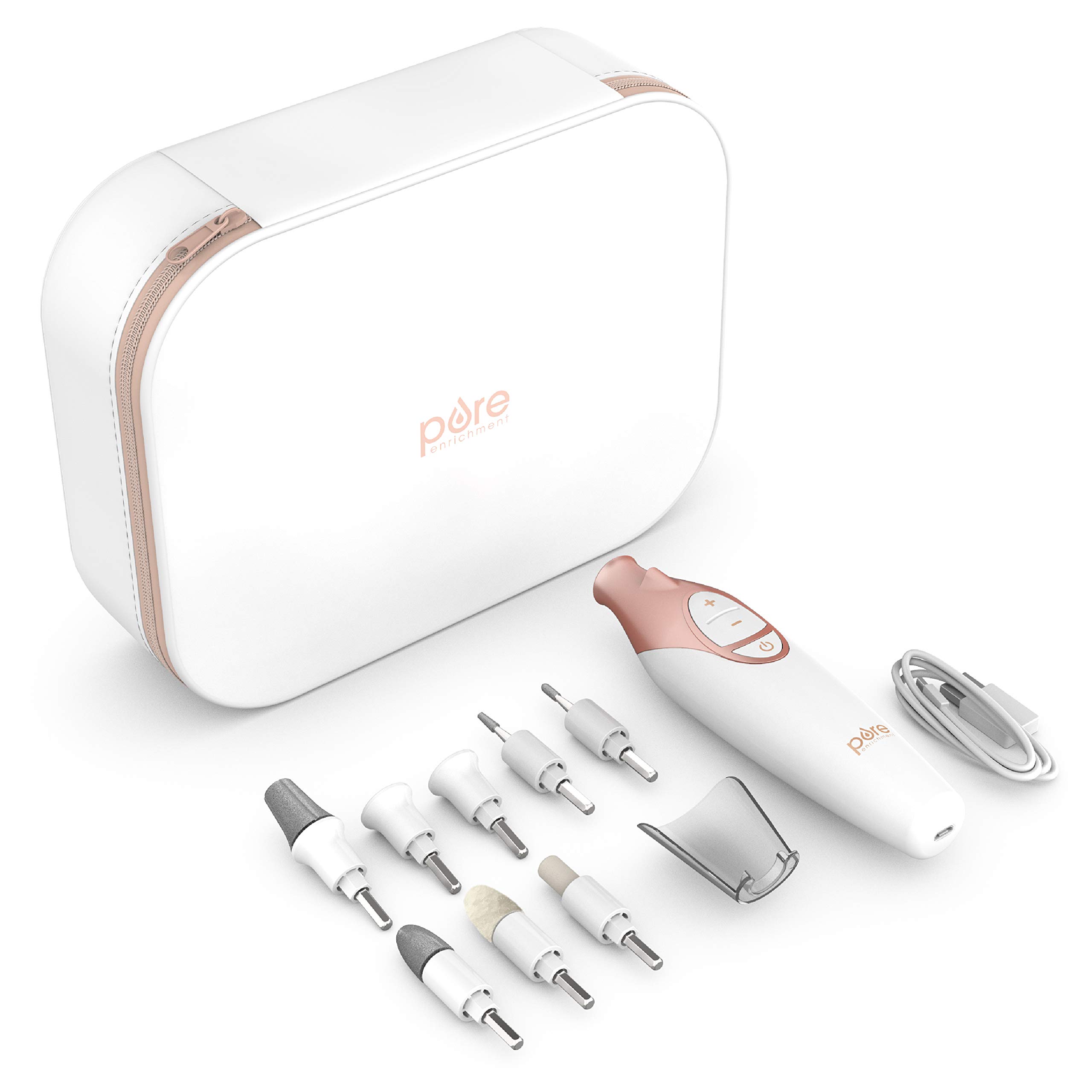 PureNails Luxe - Juego de manicura recargable, taladro eléctrico inalámbrico portátil para uñas de gel acrílico, manicura y pedicura con 9 accesorios de limado de zafiro y luz LED de 7