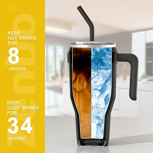 Miniatura 4 de Zenbo Vaso de 40 onzas con asa, acero inoxidable aislado al vacío con asa, tapa y popote, mantiene las bebidas frías hasta 34 horas, cuerpo a prueba