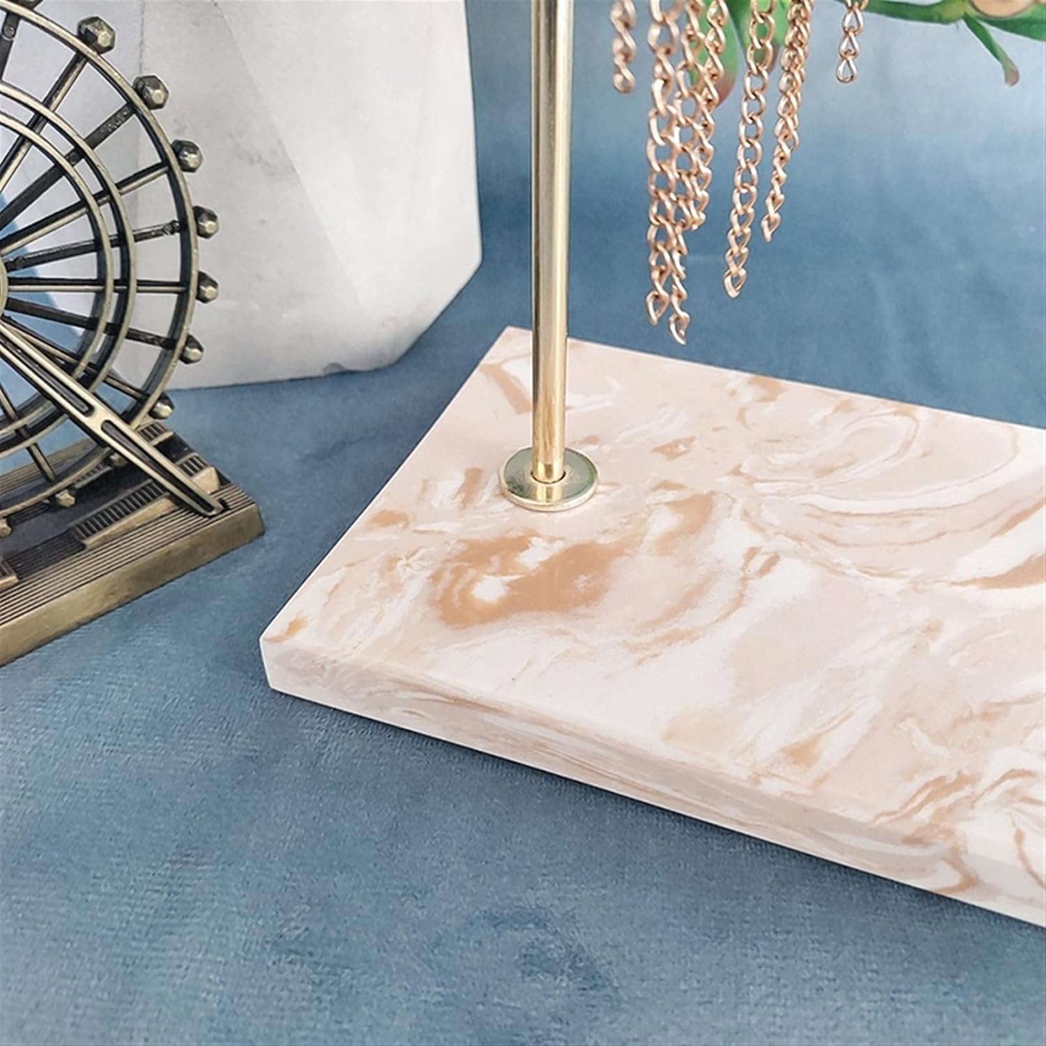 Jewelry Towers Jewelry Organizer Display Necklace Holder 3-Tier Brass-Plated Metal Jewelry Necklace Bracelet Earrings Hanging Holder Display Stand with Marble Base Jewelry Organizers