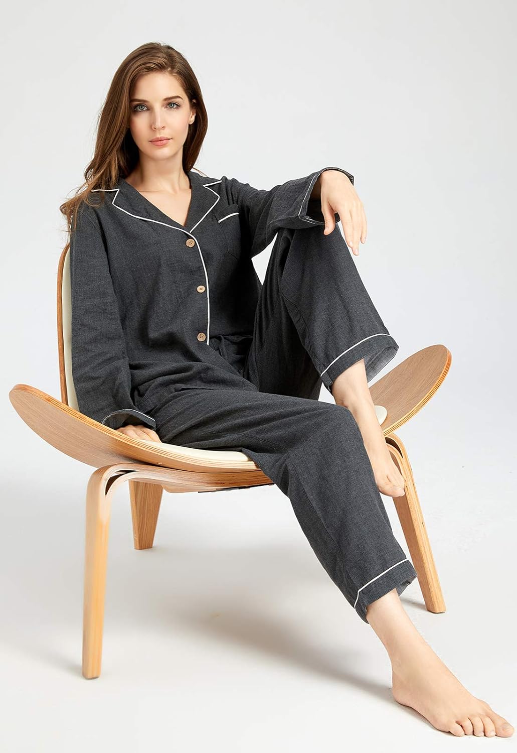 Womens Muslin Pajama Set 100% Cotton Double Gauze Linen Like Breathable Soft Button Up Loungewear Sleepwear PJ Set - Image 5