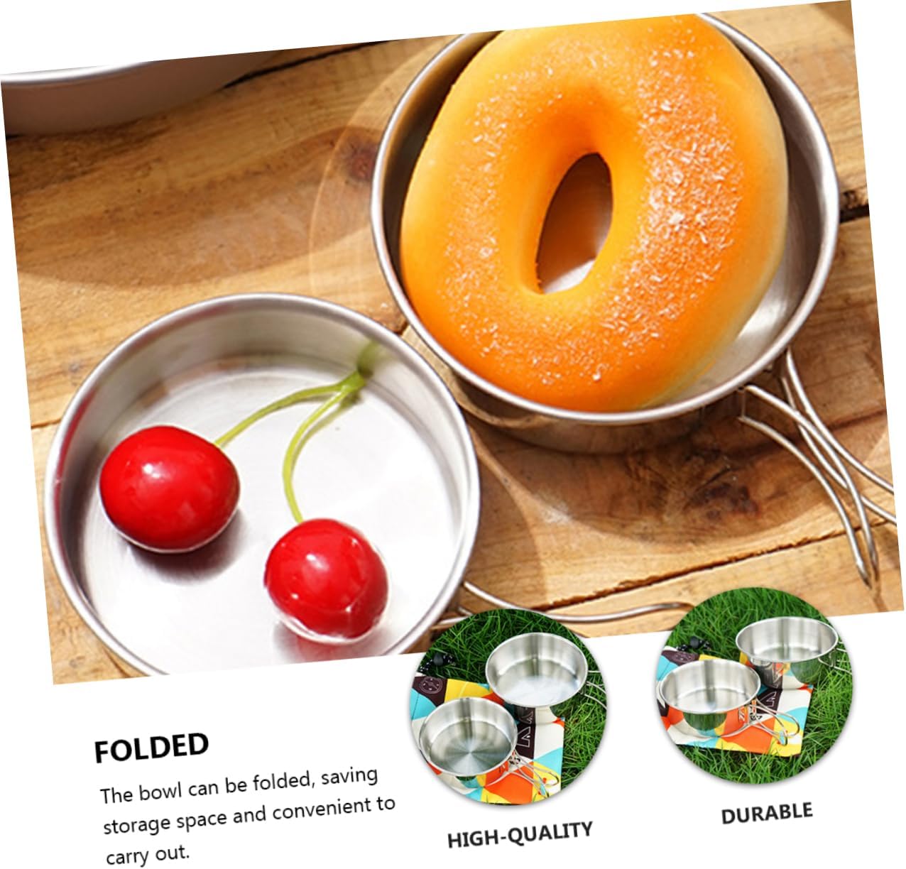 Folding Stainless Steel Bowl Salad Bowl Lid for Camping Portable Outdoor Tableware