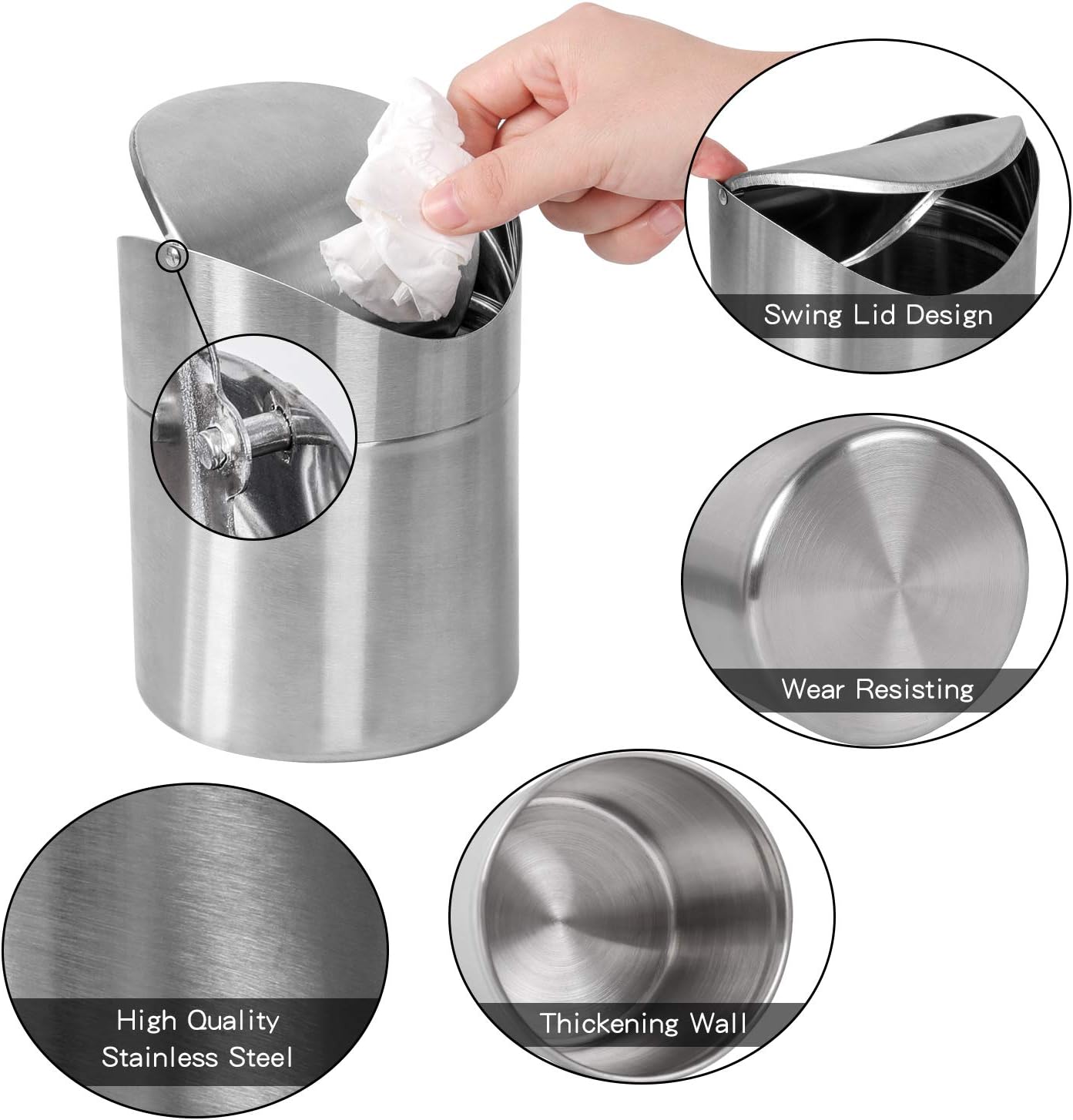 Sanmersen Mini Stainless CounterTop Trash Can with Lid,Small Desk Trash Can Recycling Trash Bin Kitchen Desktop Bathroom Office Wastebasket 1.5 L / 0.40 Gal