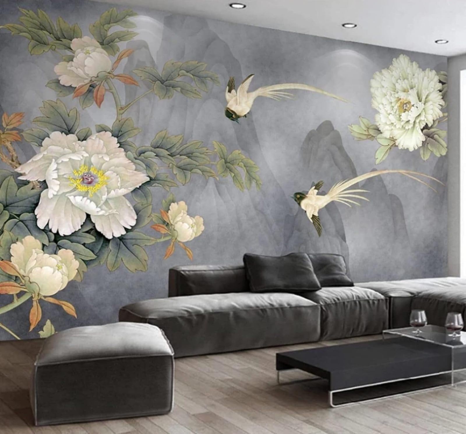XLMING Retro Hand Drawn Mountain Peaks Peonies Landscapes 3D Wallpaper Luxury Home Dining Decor Paste Sofa Living Room The Wall for Bedroom Mural-200cm×140cm
