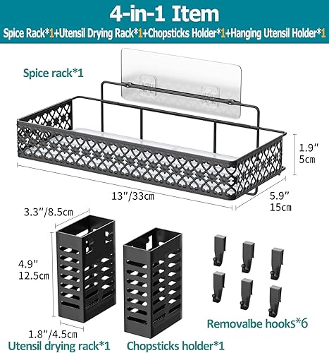 Miniatura 3 de Estante de especias colgante para montaje en pared, estante organizador de especias sobre estufa con soporte para utensilios para colgar en la