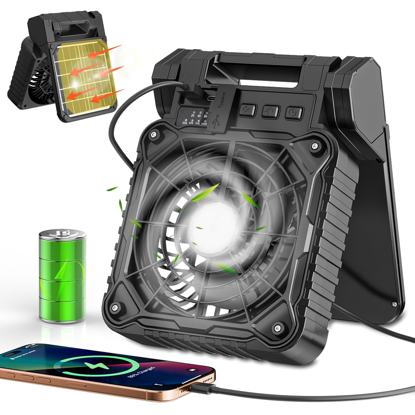 Ventilatore Solare Campeggio 10400 mAh con Lanterna LED, Batteria Ricaricabile, 4 Livelli di Velocità, Timer da 2 a 8 ore, Silenzioso, Ventilatore da Tavolo USB per Tende, Attività all'Aperto