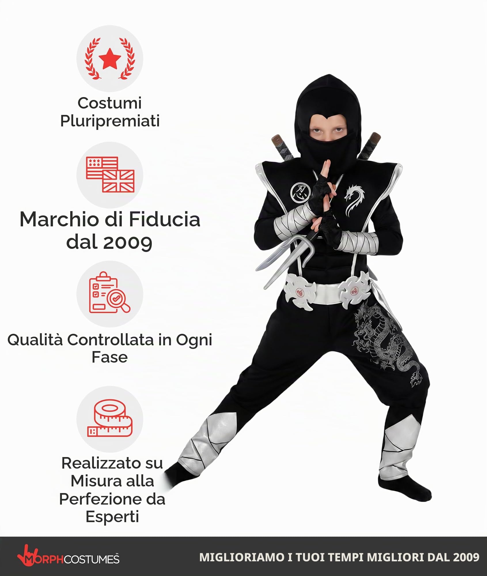 Morph Costume Ninja Bambino Argento - Vestito Carnevale per Bambini, Abito Ninja per Feste, Halloween e Compleanni.