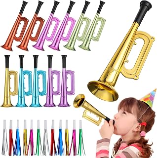 12 Pcs Plastic Trumpet for Kids: 7 Inch Metallic Trumpet with 12pcs Party Blower Blowouts - Noise Shiny Horn Musical Instruments for Birthday Sport Events Party