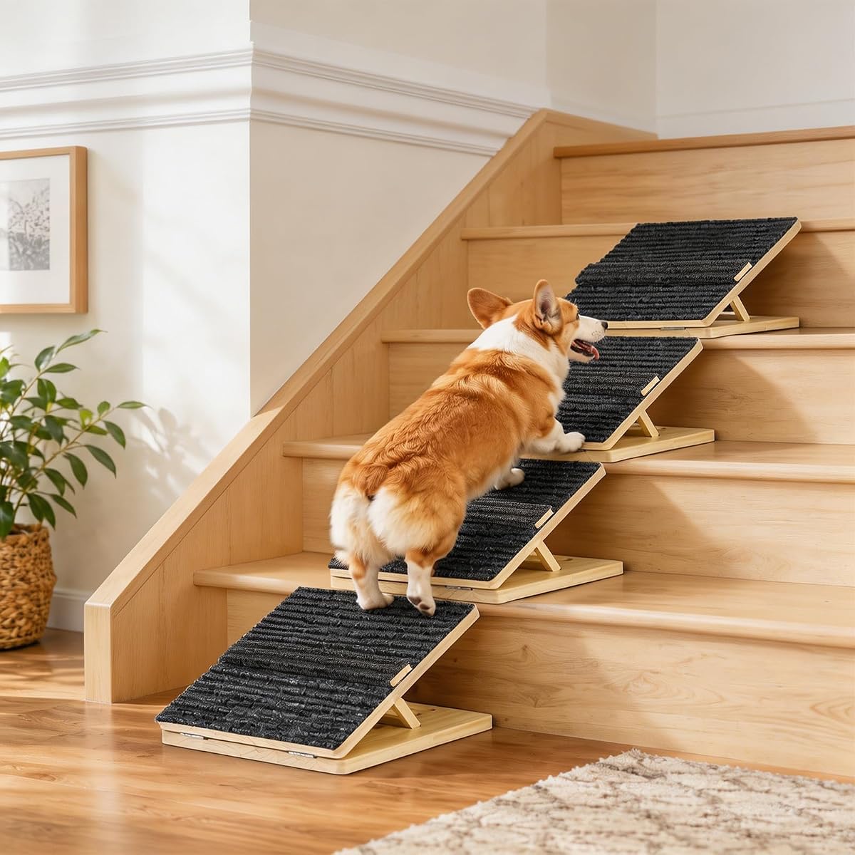 4 PCS Upgraded Dog Ramps for Stairs, Foldable Wooden Dog Ramp for Stairs, Adjustable Non-Slip Pet Ramp, Portable Dog Stairs with Anti-Slip Mat for Patio Home (4)