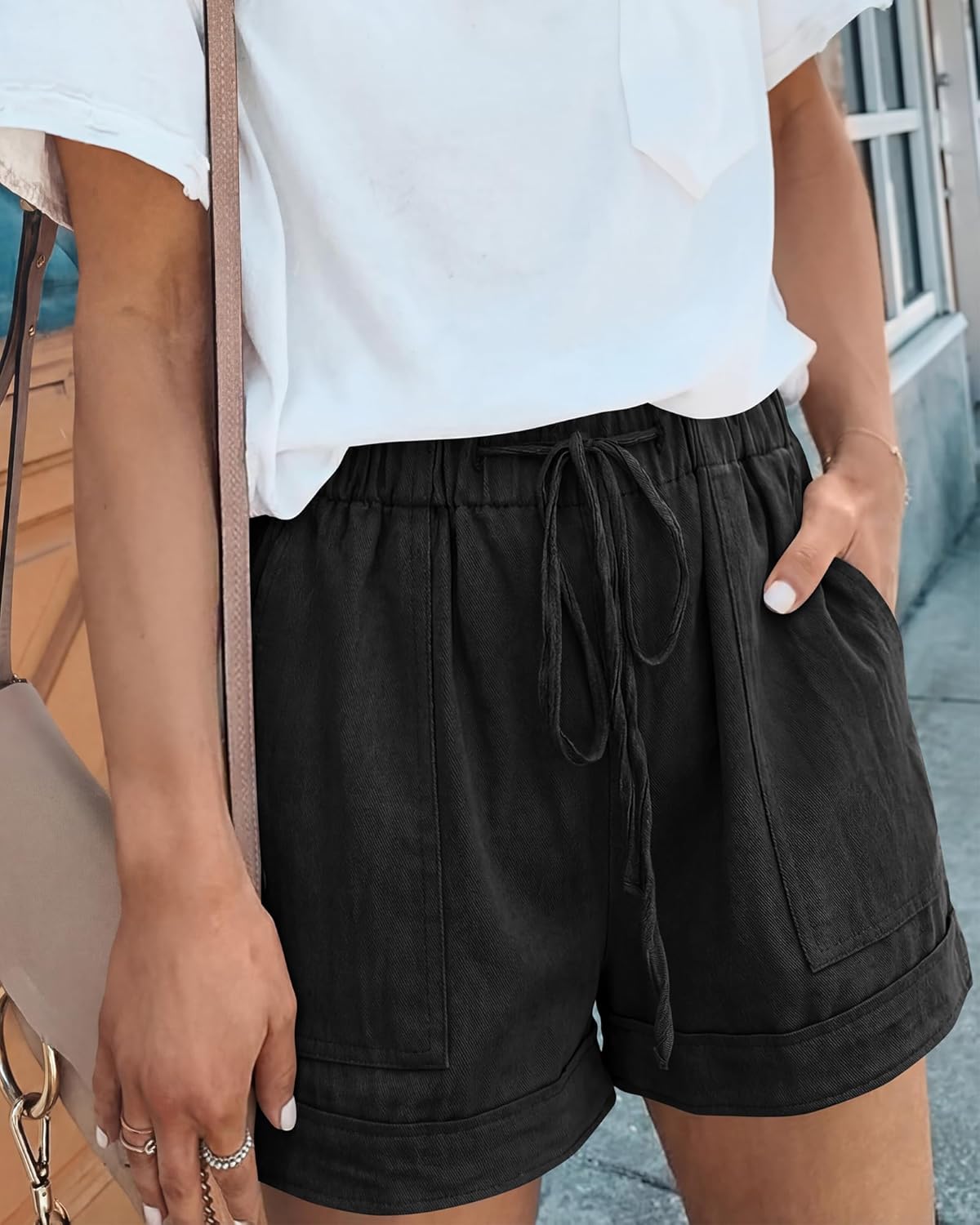 BTFBM Spring Shorts for Women 2026 Summer Casual Elastic Waist Drawstring Lightweight Beach Lounge Short Pants Pockets - Image 2