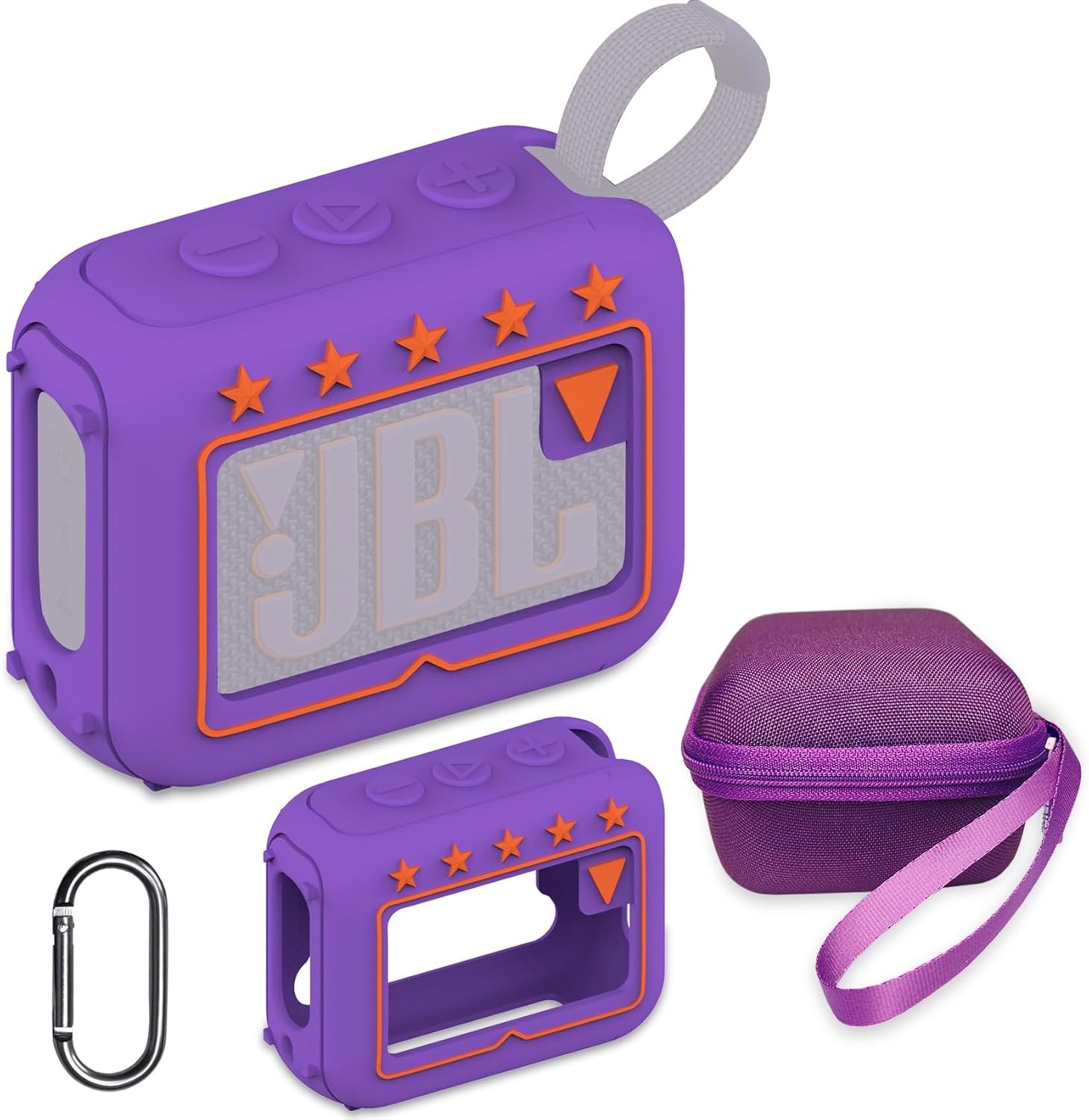 JCHPINE Silicone Cover and Hard Travel Case for JBL Go 4 Ultra Portable Bluetooth Speaker, Accessories for JBL Go 4 Pro Sound Bluetooth Speaker Stand Up Holder (Purple Case)