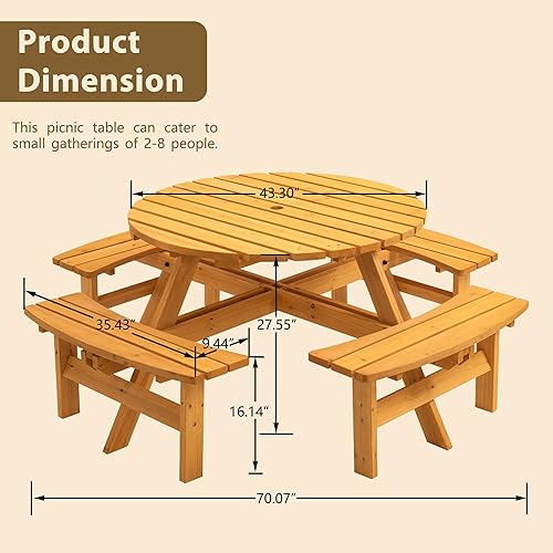 Miniatura 9 de Goujxcy Mesa de picnic circular de madera para 6 personas, mesa de picnic redonda de madera para exteriores con 3 bancos incorporados, agujero de